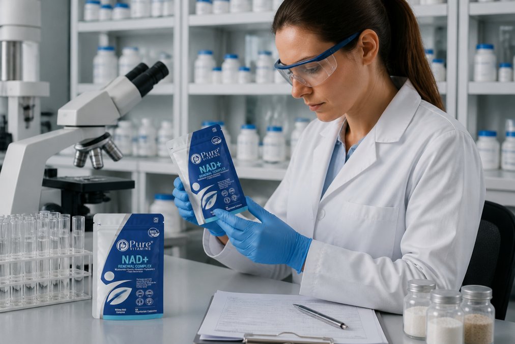 Laboratory technician in white coat examining supplement bottles under bright professional lighting while conducting quality testing with scientific equipment in a modern GMP-certified facility, with test results and documentation visible on the workbench