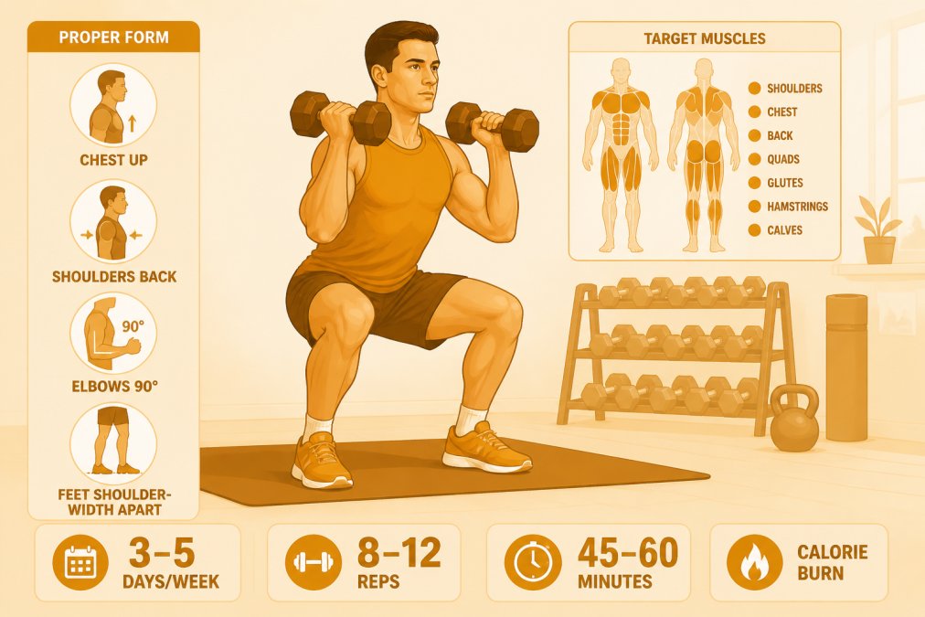 Adult performing resistance training with dumbbells in home gym setting, showing proper form with focused expression and determined posture