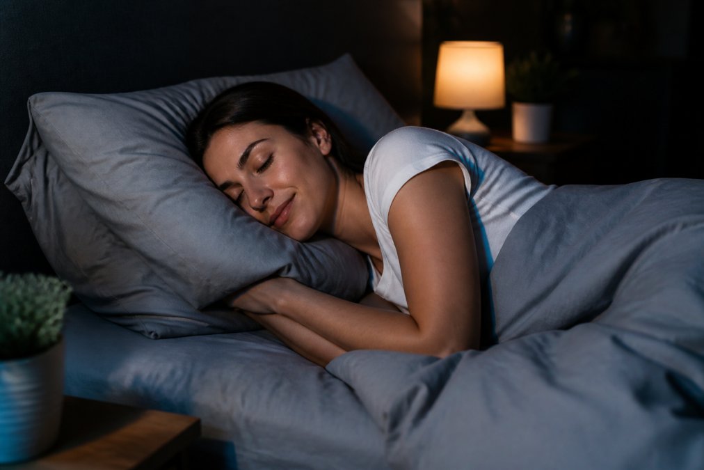 Person sleeping peacefully in dark, well-organized bedroom with comfortable bedding and minimal light, illustrating healthy sleep hygiene environment