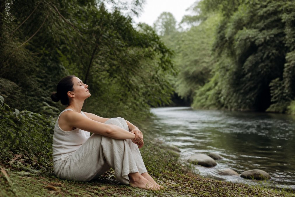 Person sitting peacefully in natural setting surrounded by greenery near water, with calm expression and relaxed posture, demonstrating parasympathetic activation and recovery in serene environment