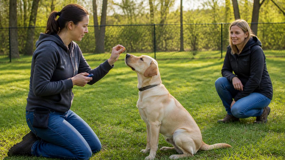 A trainer kneeling on a grassy lawn marking and rewarding a focused Labrador retriever with a treat, clicker in hand, owner watching nearby