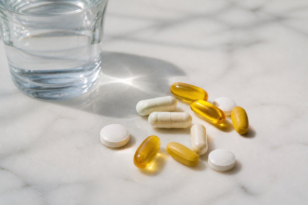 Close-up of several supplement capsules, tablets and softgels arranged on a clean white surface next to a glass of water, with soft natural daylight casting gentle shadows