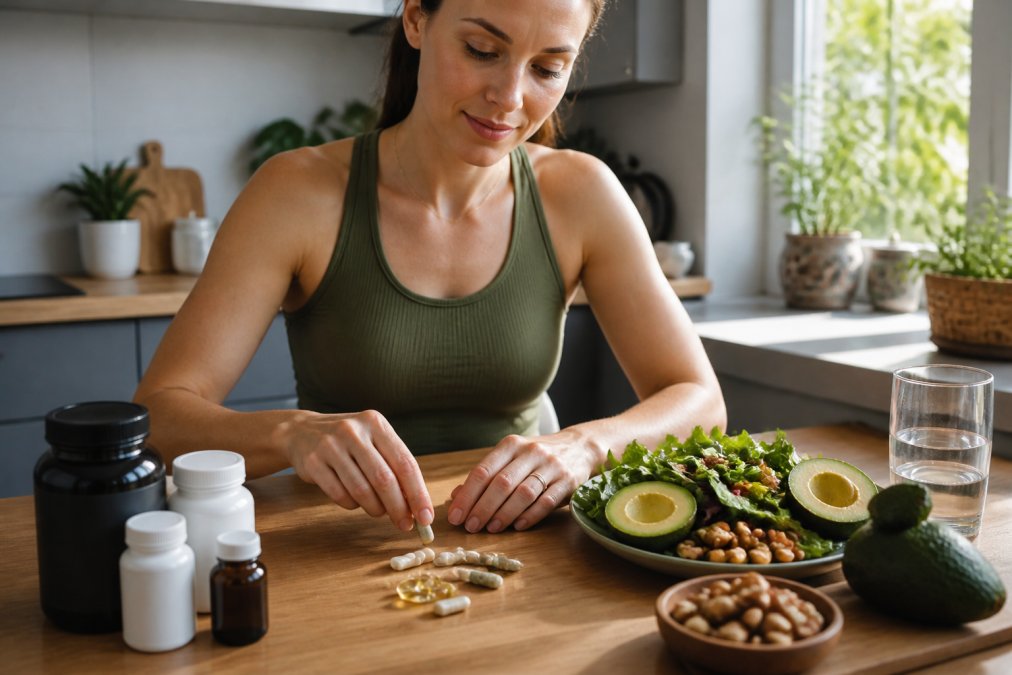 A person arranging supplement capsules alongside a meal with avocado halves, mixed nuts and leafy greens on a wooden kitchen table in a bright modern kitchen, morning light coming through a window
