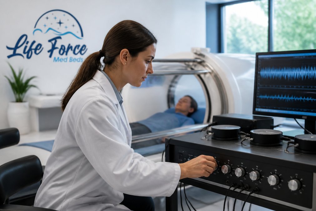 A researcher adjusting a specialized acoustic therapy device in a bright, modern laboratory setting, with a computer screen showing frequency waveforms in the background