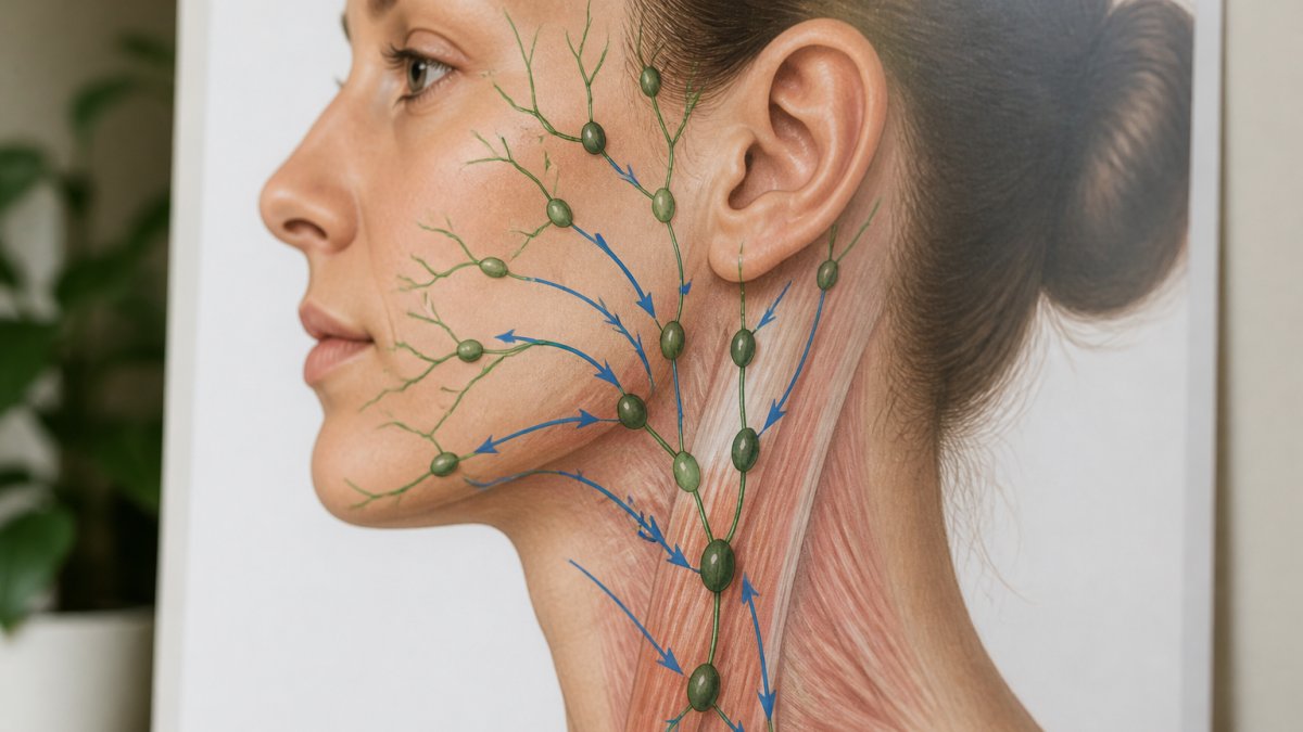 Anatomical diagram of facial and cervical lymph node groups with directional arrows toward the neck