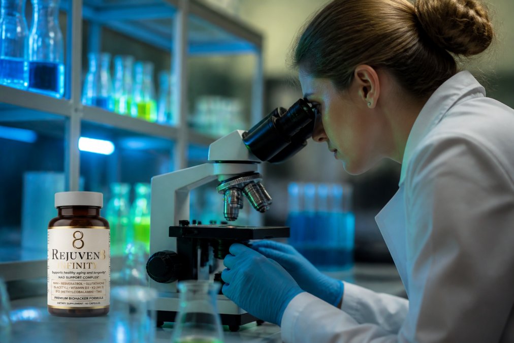 Close-up view of a scientist examining a cellular sample under a microscope in a modern research laboratory, with blue and green lighting highlighting the microscope