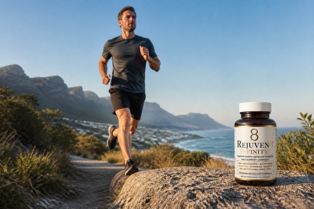 Active adult jogging outdoors in morning sunlight, showing energy and vitality, with clear skies and natural landscape background
