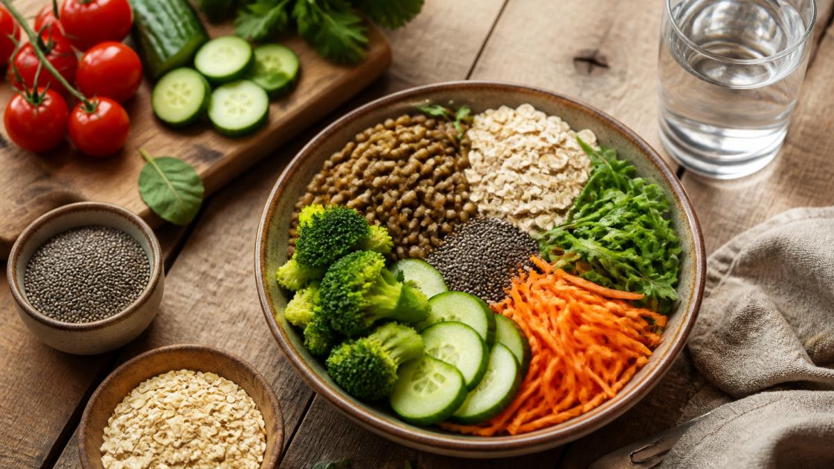 Overhead shot of a kitchen counter with a bowl of high-fiber foods: lentils, oats, chia seeds, fresh vegetables, and a glass of water, natural daylight, clean and inviting presentation