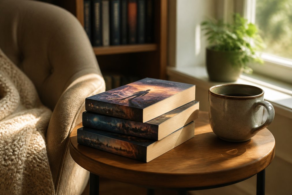 A cozy reading nook with science fiction for casual readers stacked beside a warm mug in natural sunlight.