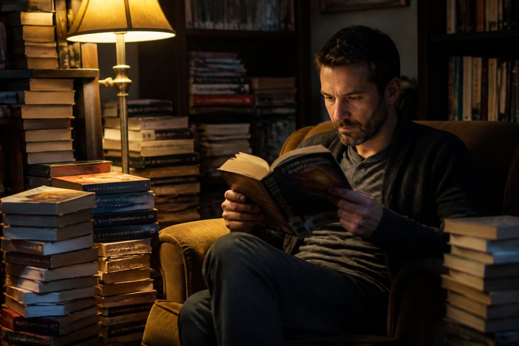 A reader sitting in a cozy armchair surrounded by stacked science fiction paperbacks, holding one open with a look of intense concentration, warm lamp light illuminating the pages