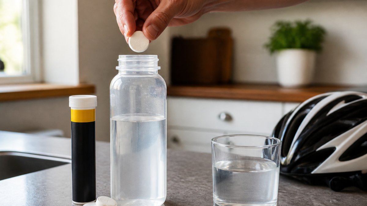 A cyclist dropping an effervescent electrolyte tablet into a water bottle in a sunlit kitchen.