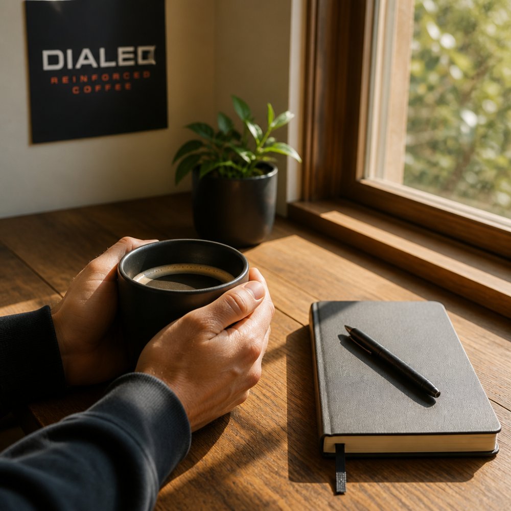 Person holding a warm cup of coffee next to a notebook on a wooden desk in soft morning light