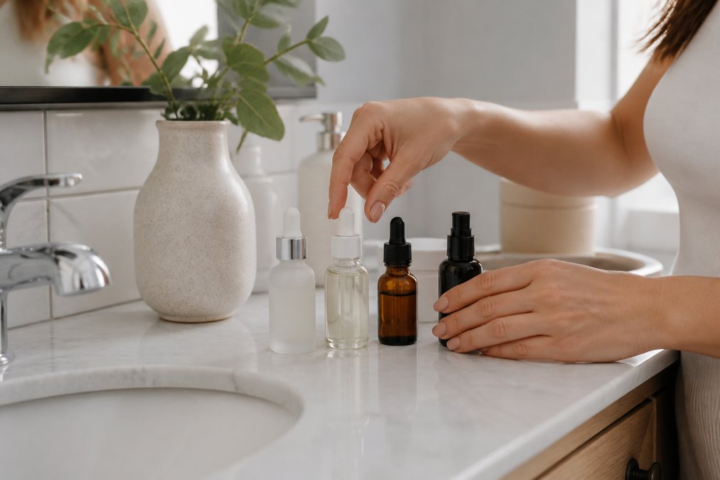 Close-up of a woman's hands arranging skincare bottles and serums on a clean white bathroom counter, with soft natural lighting