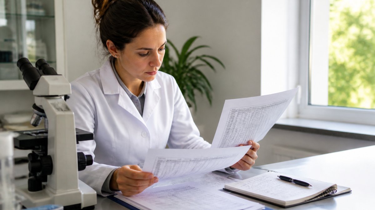 A researcher in a white lab coat reviewing printed clinical trial data at a desk with a microscope and notebook nearby, natural light from a window
