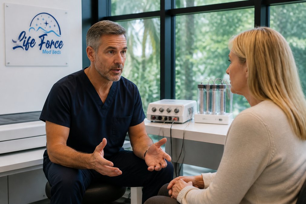 Wellness practitioner consulting with patient in modern clinic setting, with bioresonance diagnostic equipment visible on desk in background, natural lighting from large windows
