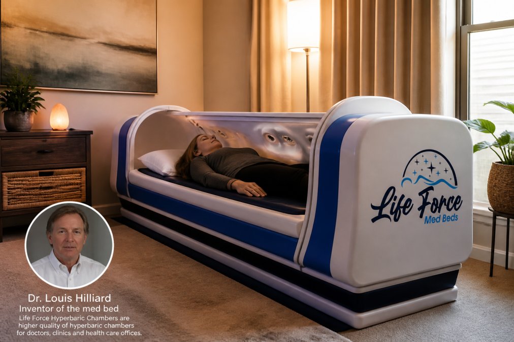 Person relaxing on integrated wellness platform in home setting, showing multiple therapeutic technologies in single unified system, warm ambient lighting