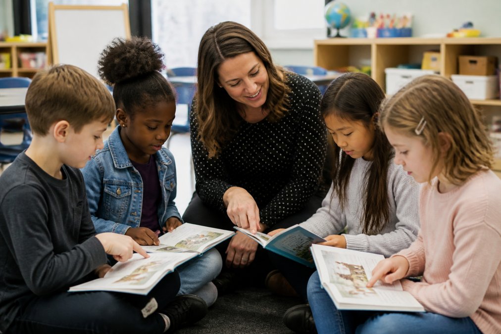Professional illustration showing elementary classroom for science of reading phonics curriculum