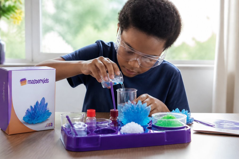Child aged 7-8 wearing safety goggles, leaning over a table with a crystal-growing kit, carefully measuring liquids into a beaker with focused concentration and wonder on their face, natural daylight from a window behind them