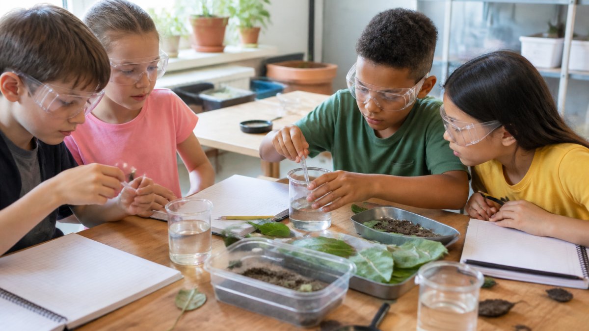 Diagram showing the step-by-step process of elementary students conducting hands-on science experiments.