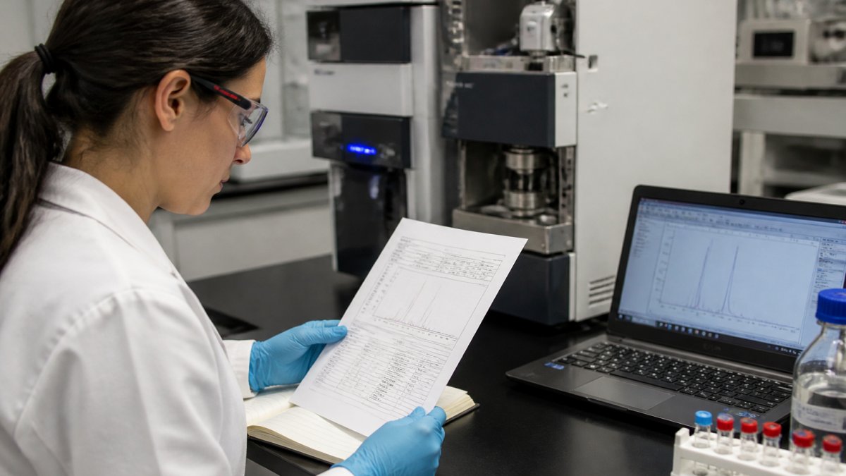 Researcher reviewing scientific peptides COA data alongside HPLC chromatogram peaks at a laboratory bench