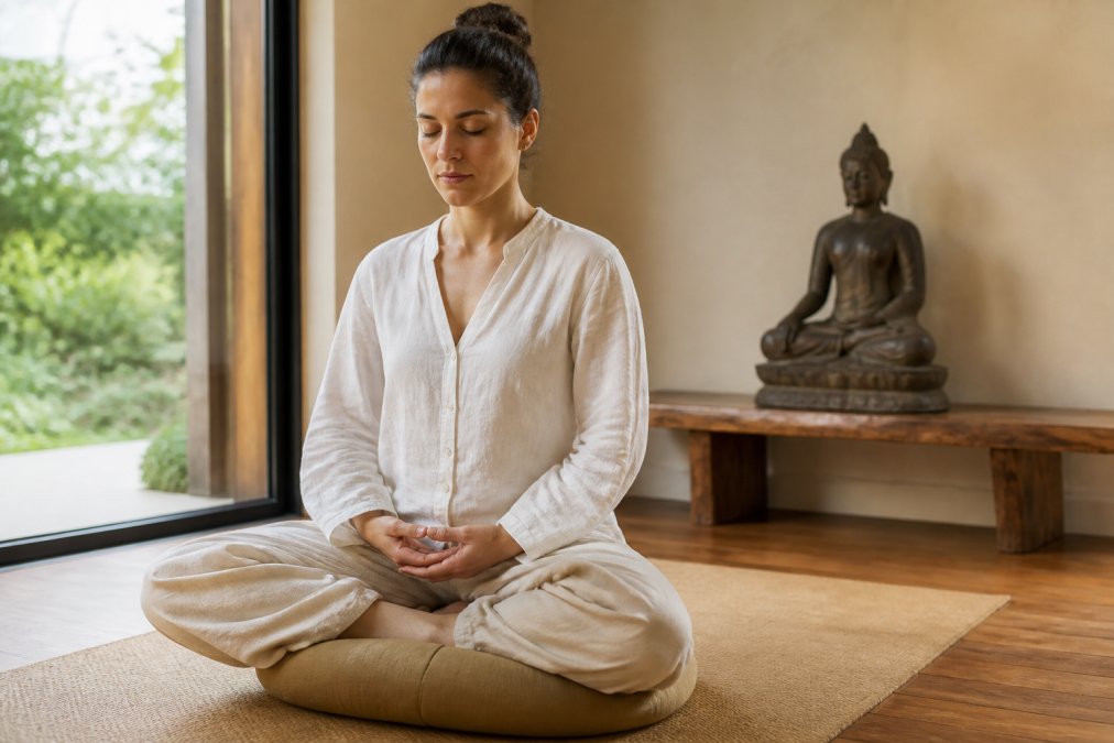 Person sitting in a mudra meditation pose to support scientific research on mudras and brain activity