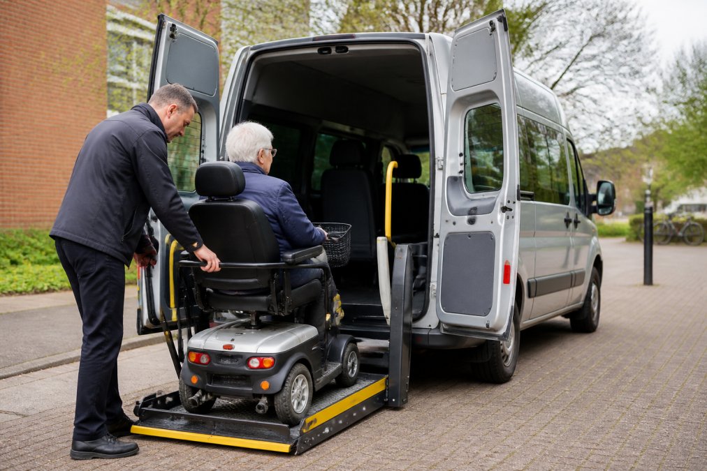 Professionele taxichauffeur die voorzichtig een passagier met scootmobiel helpt in een gespecialiseerde rolstoeltaxi, met aandacht voor veiligheid en comfort in daglicht