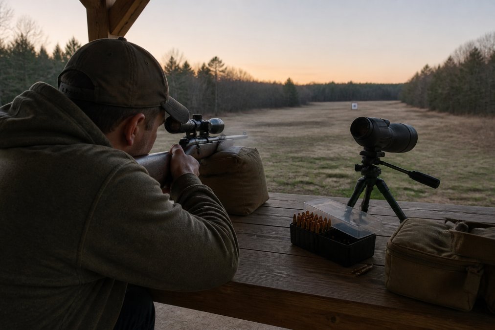 A hunter at a shooting bench at dawn, rifle supported on sandbags, looking through the scope downrange at a paper target, with a spotting scope and ammo box on the table beside them
