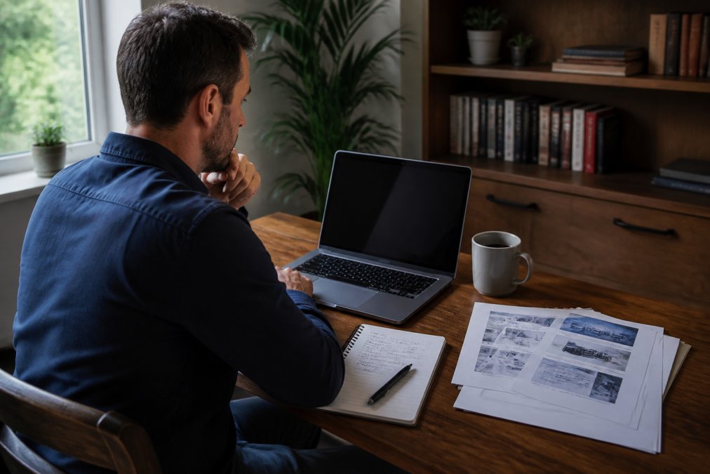 Business owner sitting at desk reviewing consulting options on laptop, with business plans and notes spread across the desk surface, natural window lighting