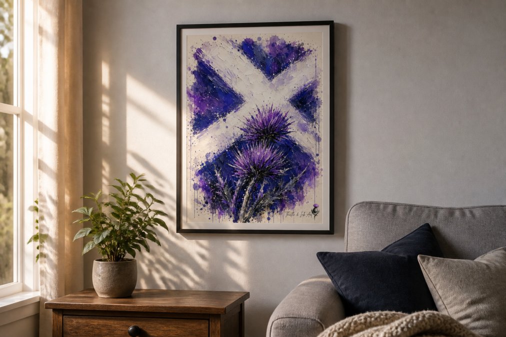 A framed art print of a dramatic purple-toned Highland landscape hanging on a light grey living room wall, with a small wooden side table and a potted plant beneath it, warm afternoon light coming from the left