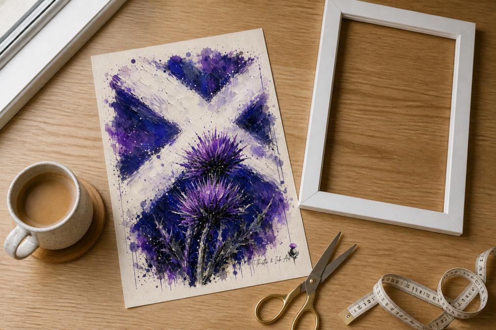 A flat lay of a printed Scottish art print beside a simple white frame, craft scissors, and a measuring tape on a light wooden table, with a coffee cup nearby and soft natural light from a nearby window