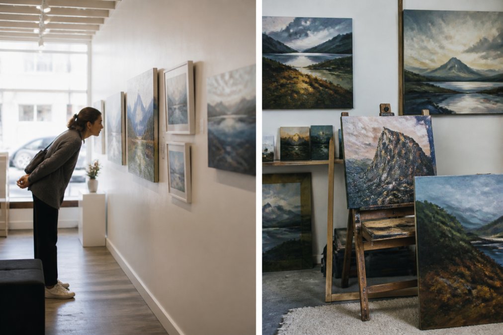 A bright, welcoming gallery space with original landscape paintings on white walls, a visitor in casual clothing examining a piece closely with natural daylight streaming through a front window