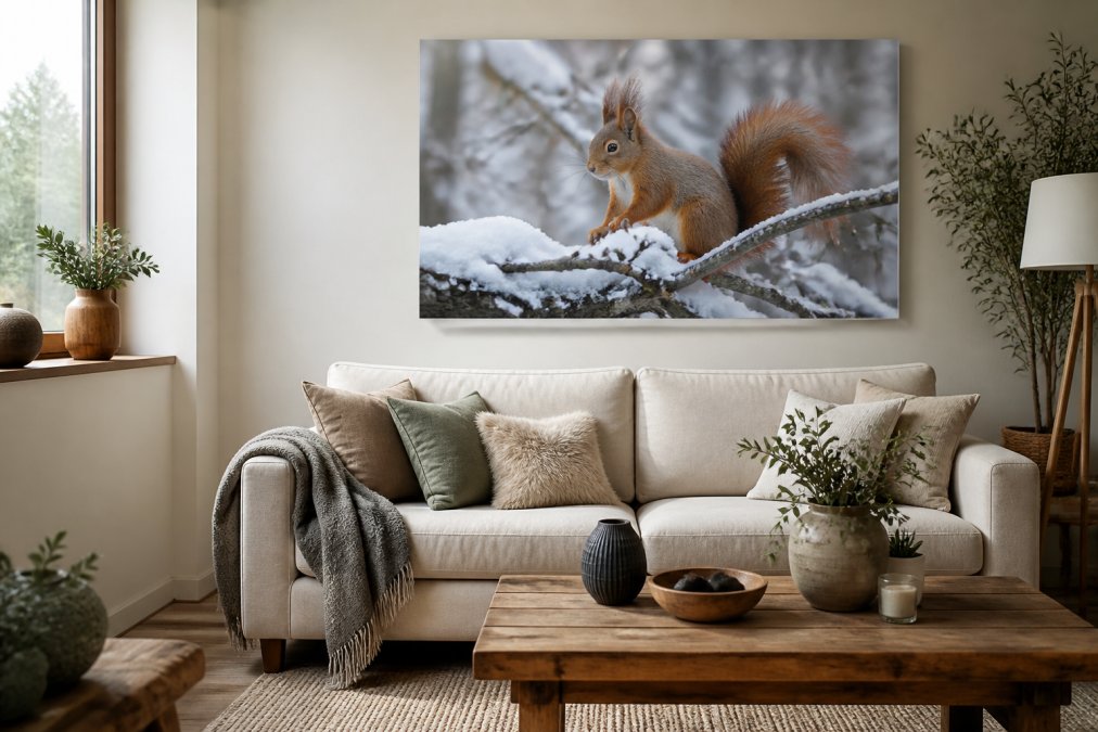A bright, modern living room with a large canvas print of a red squirrel on a snowy branch hanging above a neutral-toned sofa, styled with soft throws and a wooden coffee table