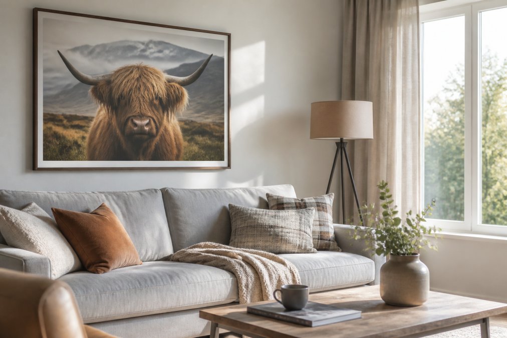 Bright modern living room with a framed Scottish highland cow art print on the wall above a neutral sofa, soft natural light streaming through a window