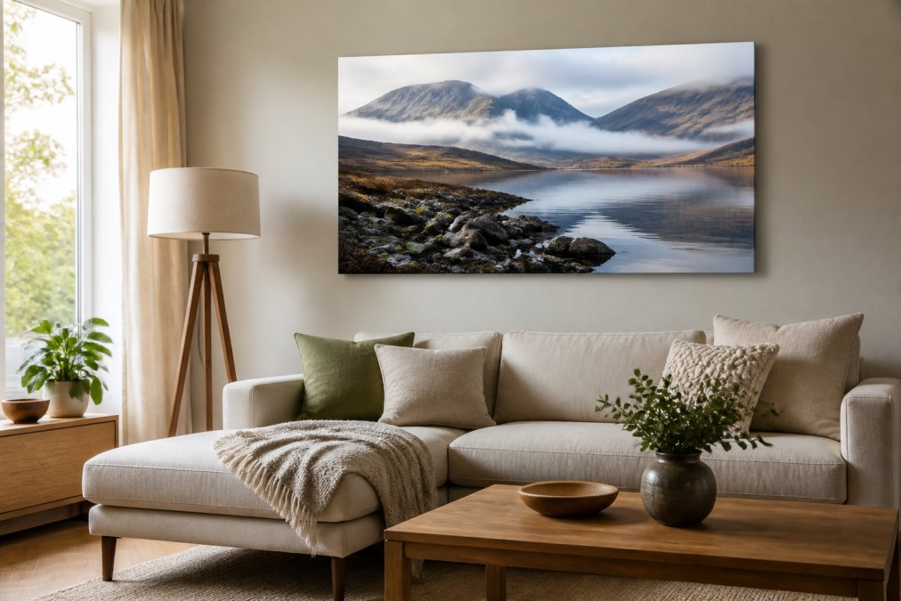 Large scottish landscape canvas hanging above a neutral sofa in a bright, modern living room with natural light