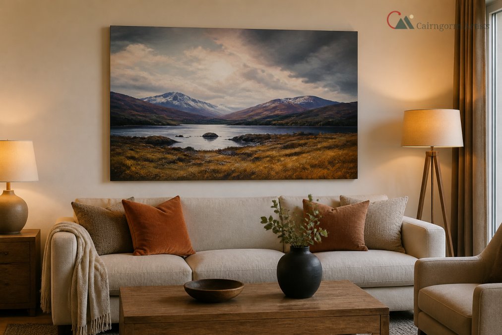 Modern living room with a large Scottish landscape canvas print displayed above a sofa in warm lighting, coordinating with neutral furnishings and earth-tone cushions
