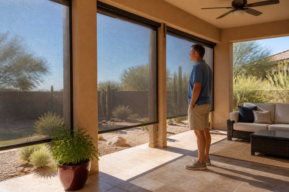 Homeowner standing on a patio with newly installed solar screens, sunlight filtering through the mesh in soft patterns, reduced glare visible on the patio floor with comfortable outdoor seating in the shade