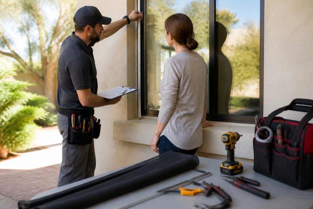 Professional technician precisely measuring a window frame with metal measuring tape and precision tools, clipboard in hand, discussing measurements with a homeowner at the window in bright afternoon light