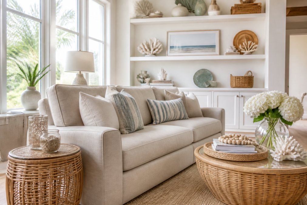 Bright, airy living room with natural linen upholstered sofa, rattan side tables, and coastal-inspired decor arranged on shelves, soft natural light streaming through large windows