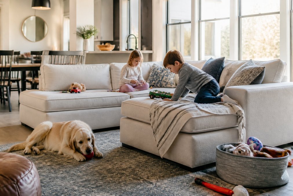 Family living room in active use with young children playing on a sturdy sectional sofa, a dog resting on the floor nearby, toys scattered about, showing durable upholstery and stain-resistant fabrics handling everyday wear