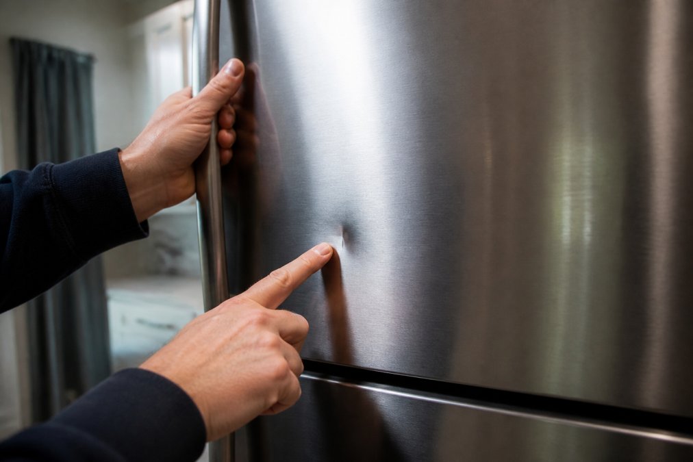 Close-up of hands examining a stainless steel refrigerator door, pointing to a visible dent and minor scratch with natural lighting clearly showing the cosmetic damage