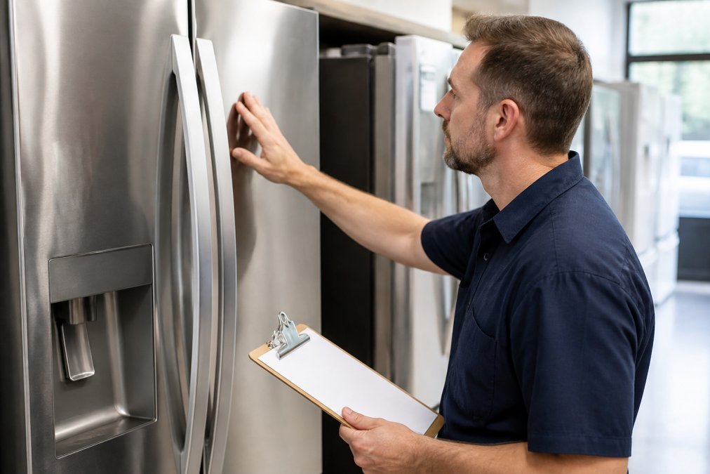 Professional inspector examining a stainless steel refrigerator door for dents and cosmetic damage, checking the serial number and model information with a clipboard in bright natural light