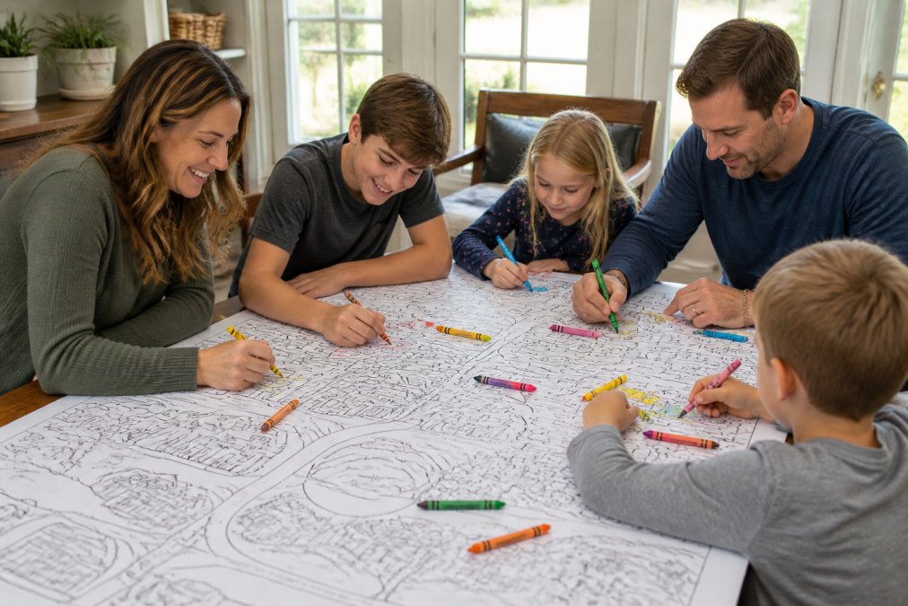 Family coloring a giant calendar together as part of collaborative screen-free activities for all ages