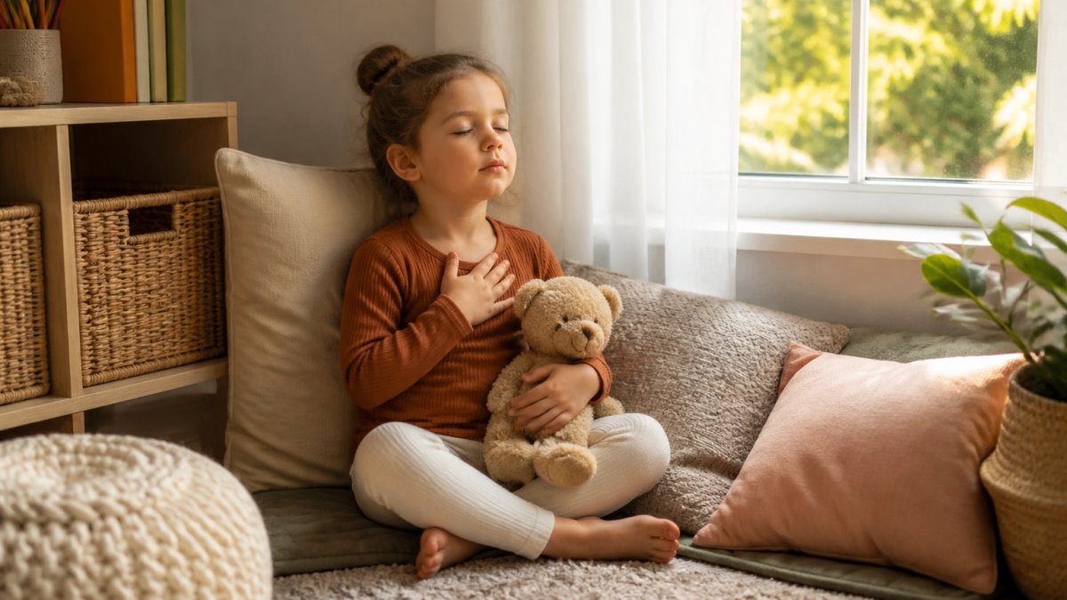 A young child sitting in a cozy calm-down corner with soft pillows, holding a stuffed animal, practicing deep breathing, warm afternoon light through a window