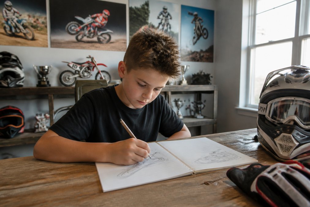 Child sitting at a wooden table with an open training journal, pencil in hand, sketching a track layout with focus and concentration, with motocross posters and small gear items visible on shelves behind them in natural window light
