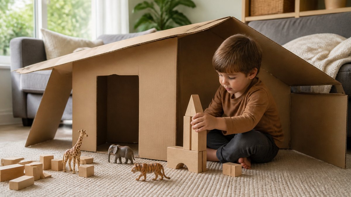 A preschooler sitting on a living room floor building a cardboard box fort with wooden blocks and toy animals nearby, bright natural light from a window