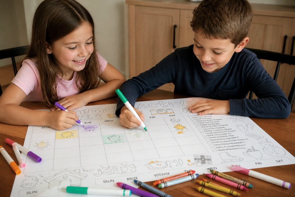 Two siblings sitting at a wooden table working on a large colorful coloring sheet together, markers and crayons scattered across the surface, both smiling and engaged with the activity