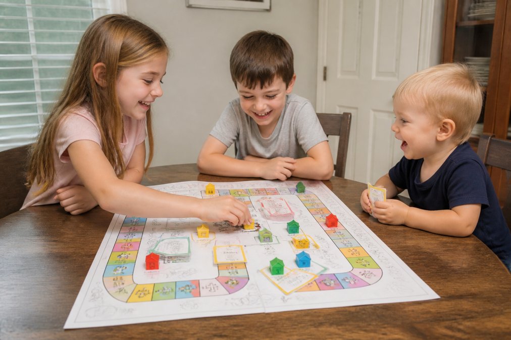 Three children of different ages sitting around a wooden dining table playing a colorful board game together, focused and laughing, game pieces and cards visible