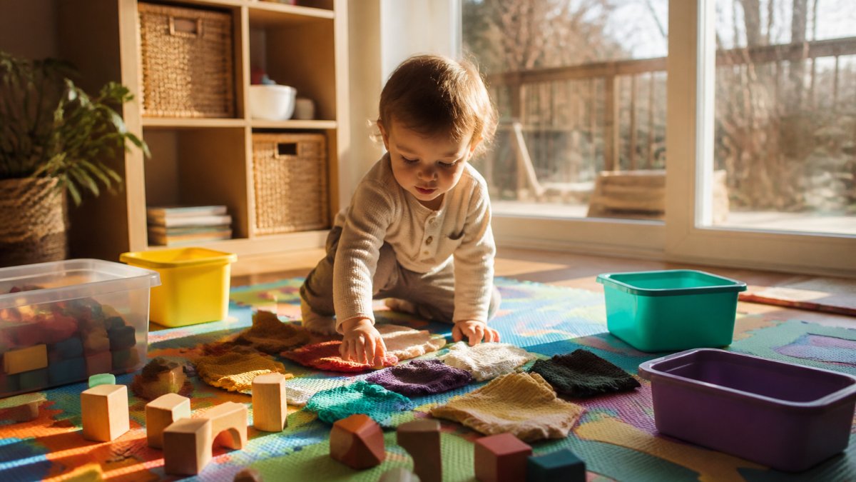 Toddler playing with wooden blocks and textured fabrics on a mat