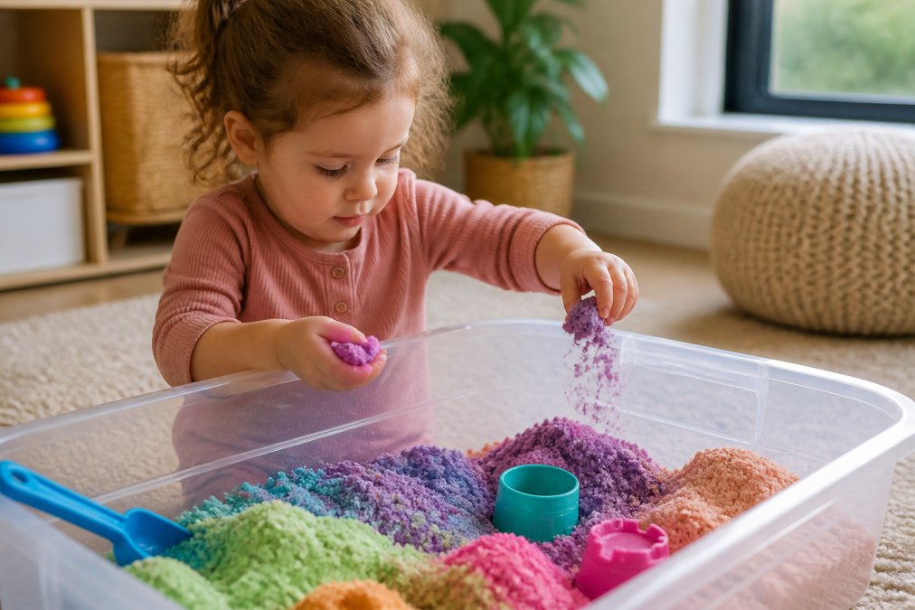 Young child with focused expression exploring colorful kinetic sand in a low sensory bin, hands actively scooping and pouring materials, natural daylight illuminating the play area