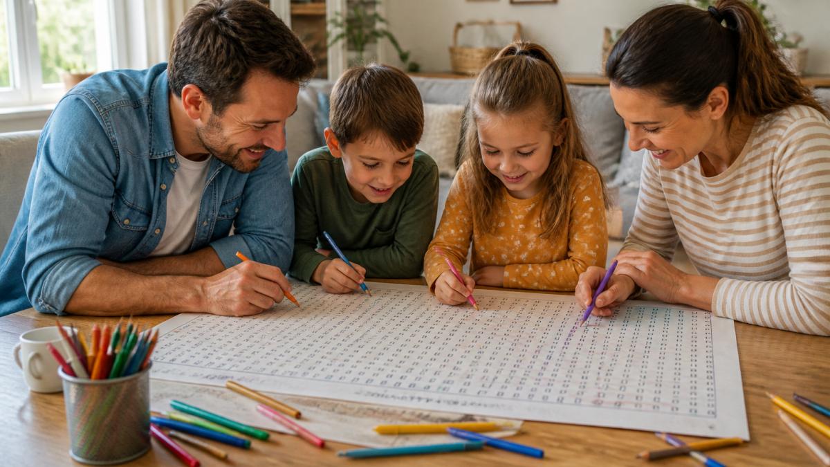 A family with two children and a parent gathered around a large table, working together on a giant word search puzzle. Crayons, markers, and colored pencils are scattered nearby. ### Tactile Play and Sensory Bins Sensory bins are shallow containers filled with materials like rice, sand, or water beads, plus small tools for scooping and sorting. They're low-prep and keep younger children absorbed for long stretches. A common mistake is overfilling the bin; two or three materials work better than ten. For a mess-free version, try dry pasta with measuring cups on a towel. ### Giant Puzzles and Tabletop Games Oversized tabletop activities solve a problem smaller games can't: they let several people play at once without turn-taking fights. A giant word search laid across the table gives everyone their own section to hunt, and the color-in letter design makes progress visible. Cherry Creek Lane's [Board Games Giant Word Search Puzzle